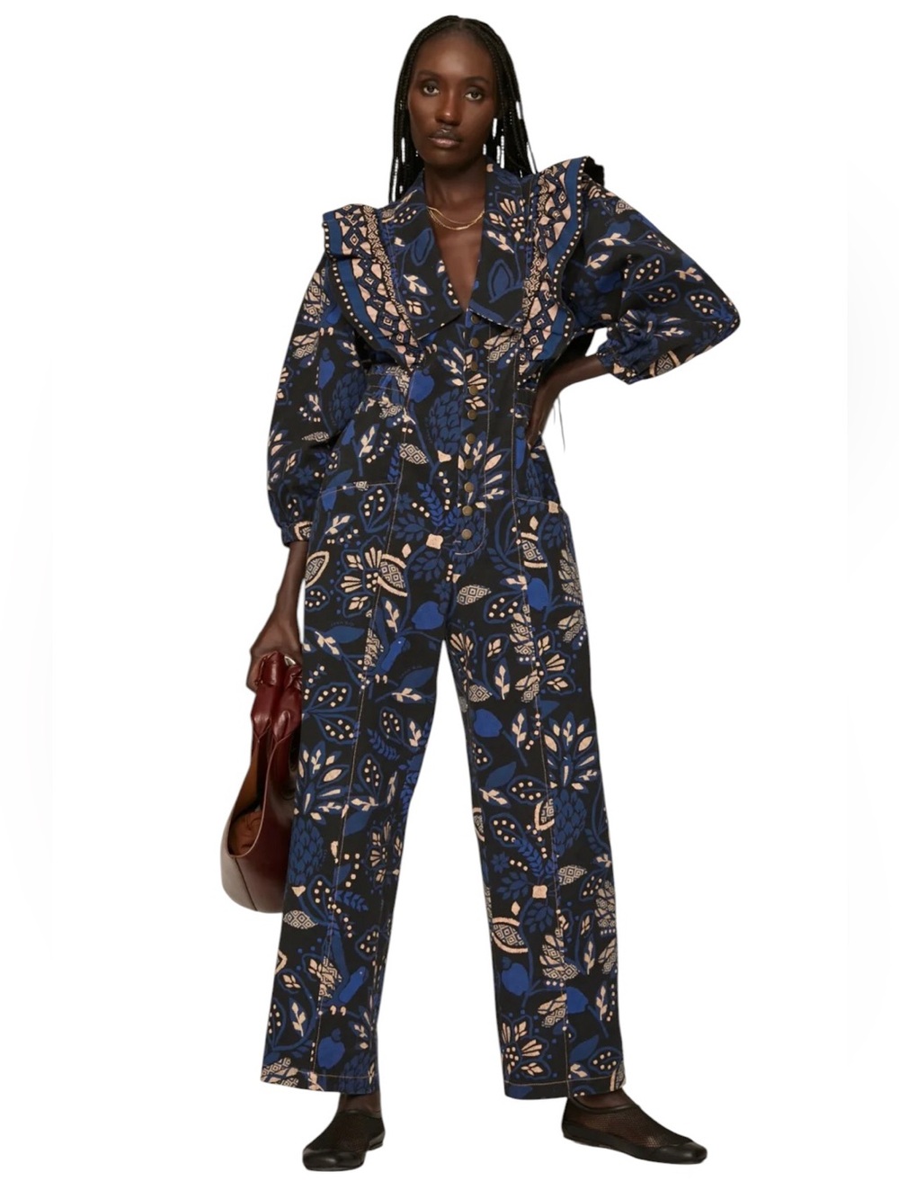 FARM Rio Macaw Forest Tropical Cotton Jumpsuit Black Blue Medium Anthropologie - Picture 2 of 16